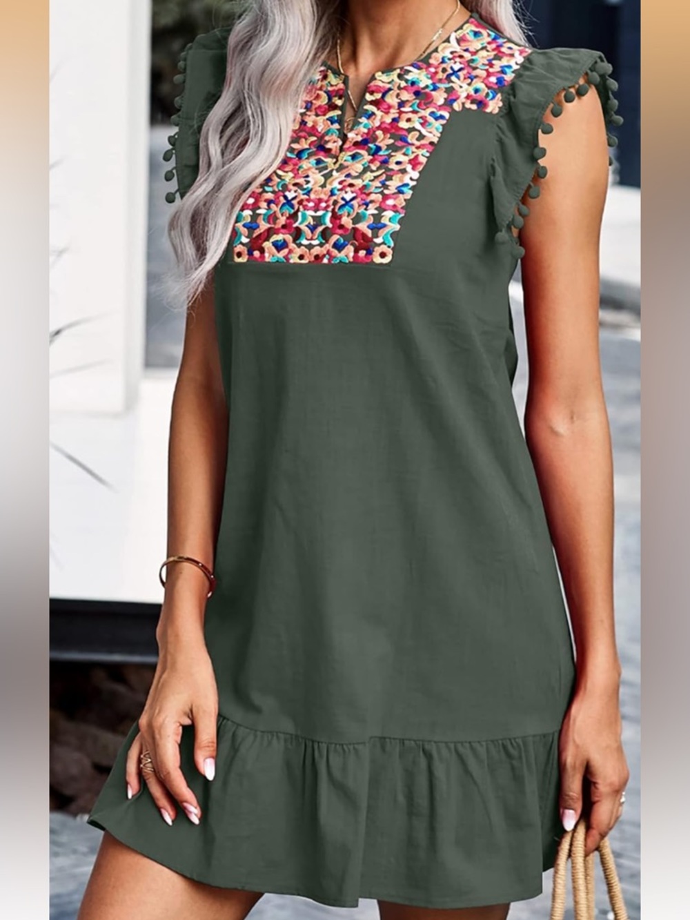 Sleeveless Army Green Embroidered Yoke Dress
